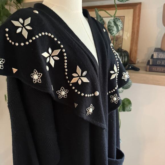 Vintage Embellished Longline Black Cardigan Studded Pearl Heavyweight Lagenlook - Picture 5 of 7